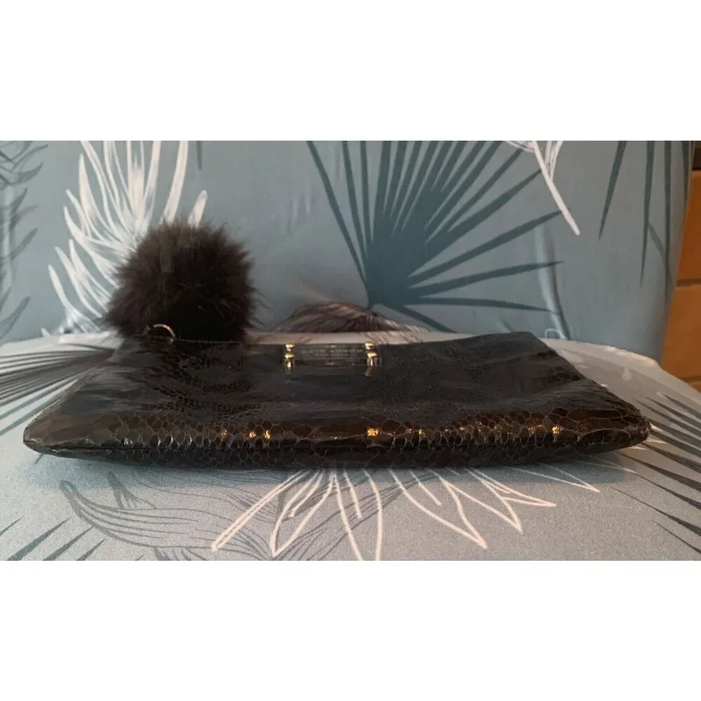 Kate Spade black Snake Skin Clutch Purse Handbag FUR ZIPPER PULL